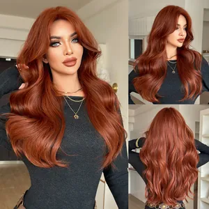 Long Wavy Synthetic Hair Wig With Curtain Bangs Heat Resistant Fiber Orange Red Black Tea Color Natural Wave Daily Fashion Women Hairpiece