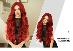 Close-up of vibrant red long wavy lace wig featuring natural curls and a middle part