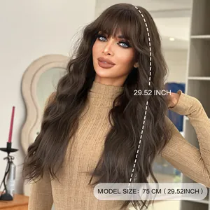 Parrucca lunga ondulata marrone scuro con frangia 75cm capelli ricci sintetici naturali