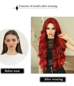 Before and after contrast showing the volume of the red long wavy lace wig
