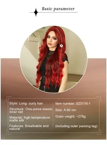 Detail view of 80cm long wavy red wig made of high temperature matte silk with breathable mesh