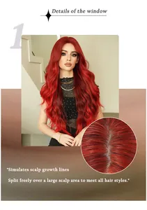 Detail showing the realistic scalp top and natural parting on the long red lace wig