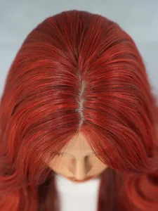 Top view of high-quality synthetic lace wig with natural scalp parting and red waves