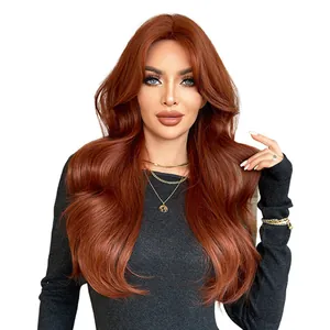 Long wavy reddish-brown wig with center-parted loose curls and natural voluminous hair