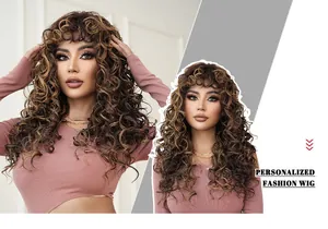 Detail of honey blonde highlights on wavy synthetic wig with bangs and voluminous curls