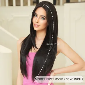 Lange glatte dunkelbraune Lace-Front-Perücke für Damen, 85cm natürlicher Scheitel