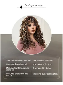 Detailed size specifications for a long honey gold curly wig with breathable rose net