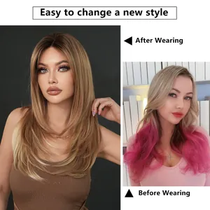 Before and after comparison of women's layered blonde wig with dark roots styling