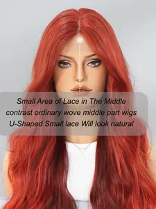 Detailed view of the natural lace middle part on a long wavy red synthetic wig