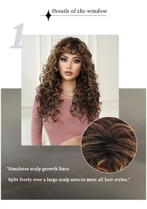 Close-up of the realistic scalp parting and honey blonde ombre curly fiber hair texture