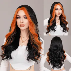 Long Wavy Synthetic Wig For Women With Lace Front Orange Pink Rose Red Money Piece Highlights Natural Heat Resistant Fiber Hair Wig