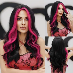 Long Wavy Lace Front Synthetic Wig For Women Money Piece Highlight High Temperature Fiber Natural Middle Part Hairpiece