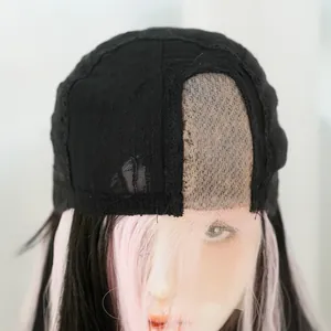 Breathable wig cap structure with lace net for long pink highlights wavy hair wigs