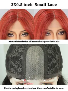 Detail of 2x0.5 inch lace front wig cap construction and realistic hairline on red hair