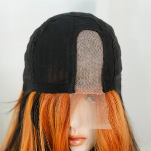 Long wavy orange and black lace front wig featuring a breathable mesh cap design
