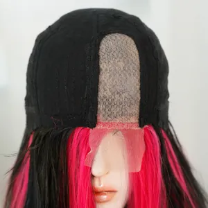 Lace front wig construction showing breathable net and black to rose red synthetic hair