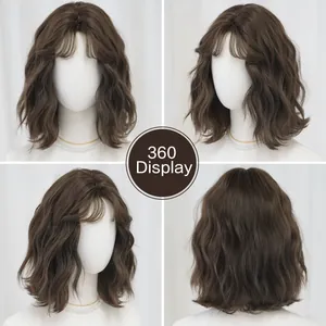 Dark brown wavy wig with air bangs, 360-degree view on white mannequin with pearls