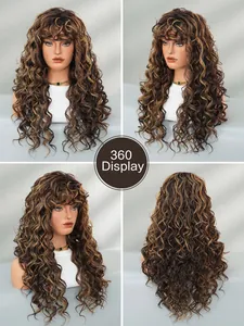 360-degree view of long curly honey blonde wig with bangs on a mannequin display