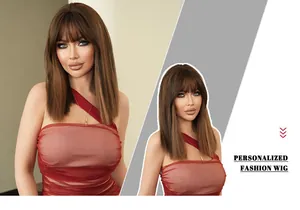 Detail view of smooth shoulder-length straight brown wig with bangs and highlights