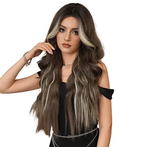 Perruque longue ondulée brun foncé avec mèches blondes et lace front naturelle