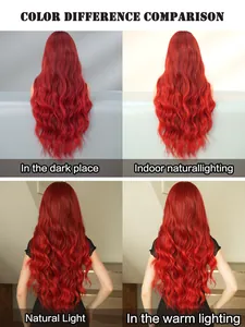 Lace front long wavy red wig color comparison in different lightings and environments