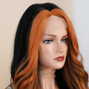 Long wavy lace front wig with middle part in black and orange highlighted colors