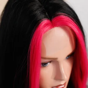 Lace front long straight wig with black and rose red color block highlights