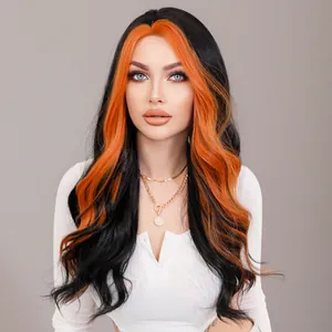 Long wavy black wig with bright orange money piece highlights for women stylish look