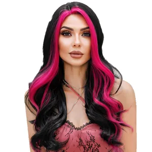 Long wavy synthetic wig with black and magenta pink highlights in a minimalist style