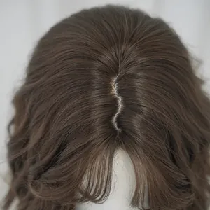 Natural long wavy dark brown wig with realistic scalp parting and seamless hair texture