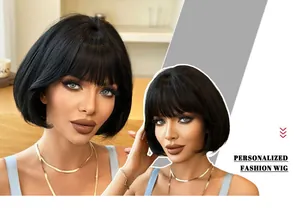Detail view of the sleek black Bob wig texture and layered inner-buckle design