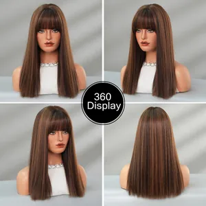 360-degree view of brown straight wig with bangs on a professional model head