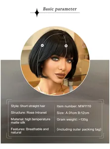 Detail specifications of black Bob wig made with breathable rose intranet and matte silk