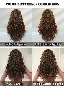 Long honey blonde curly wig color comparison under different lighting environments