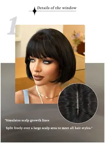 Detail view of the realistic scalp and parting on this short black bob wig with bangs