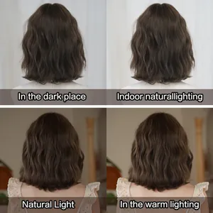 Brown wavy bob wig color comparison in dark, indoor, natural and warm light settings