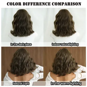 Texture et variations de couleur de la perruque bouclée marron froid sous différents éclairages