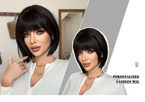 Detail of a black bob wig with bangs featuring natural hair texture and satin finish