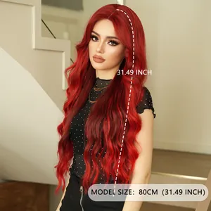 Long wavy red lace wig 80cm 31 inch length middle part curly synthetic hair for women