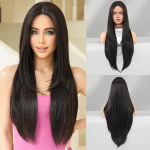 Lange Glatte Gestufte Synthetikperücke Für Damen Natur Schwarzbraun Kleine Lace Front Perücke Hitzebeständige Faser Alltagshaarteil