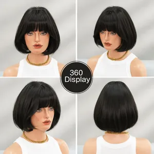 360-degree view of a black short bob wig with bangs showing multi-angle hair textures