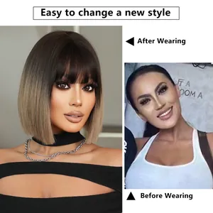 Comparaison avant et après d'une perruque bob dégradée marron à blond avec frange