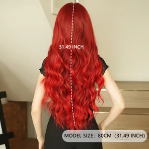 Back view of 31.49 inch long wavy bright red lace wig for women party wear