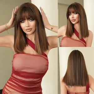 Long Straight Synthetic Hair Wig With Flat Bangs For Women Natural Brown Highlights Heat Resistant Fiber Fashion Full Wig