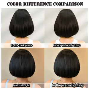 Short black bob wig color comparison under different lighting conditions and environments