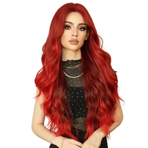 Vibrant long wavy lace wig in deep rose red with center part for party wear