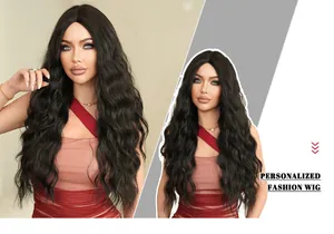 Detailed view of long wavy black synthetic hair wig with natural texture and high shine