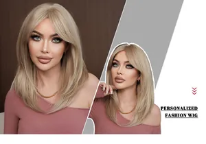 Detail view of ash blonde layered shoulder-length wig with natural fringe and hair texture