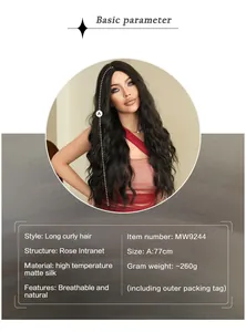 Detail of rose intranet and high temperature matte silk on 77cm long black curly wig