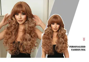 Detailed view of long wavy ginger wig with bangs in a professional layout display